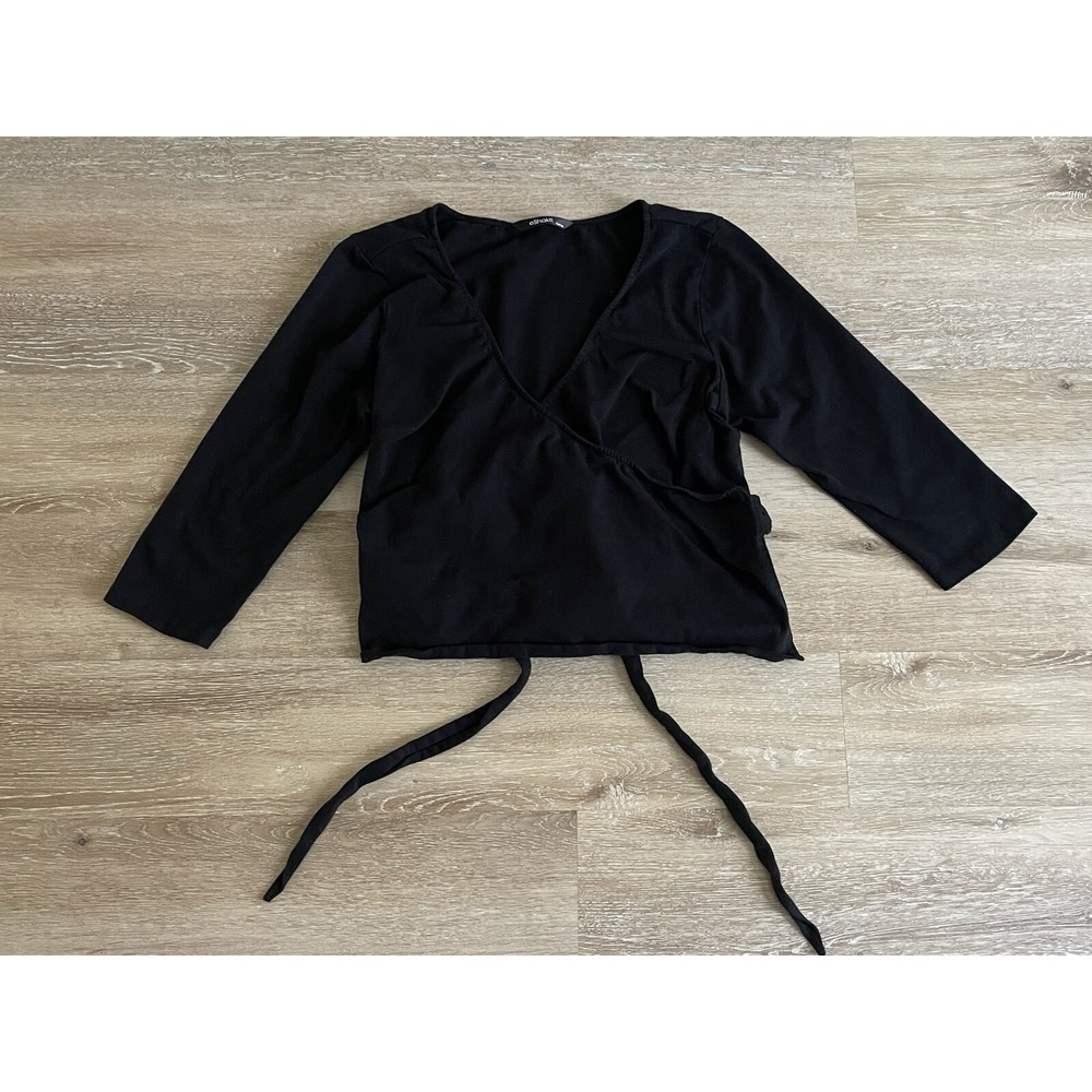 eShakti Women's Black Wrap Blouse Belt Cotton Knit Long Sleeve Tie Cropped Small